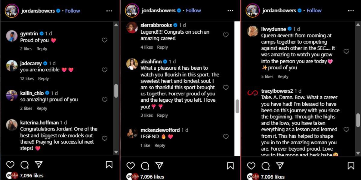 Screenshots of Bowers' Instagram post's comment section.